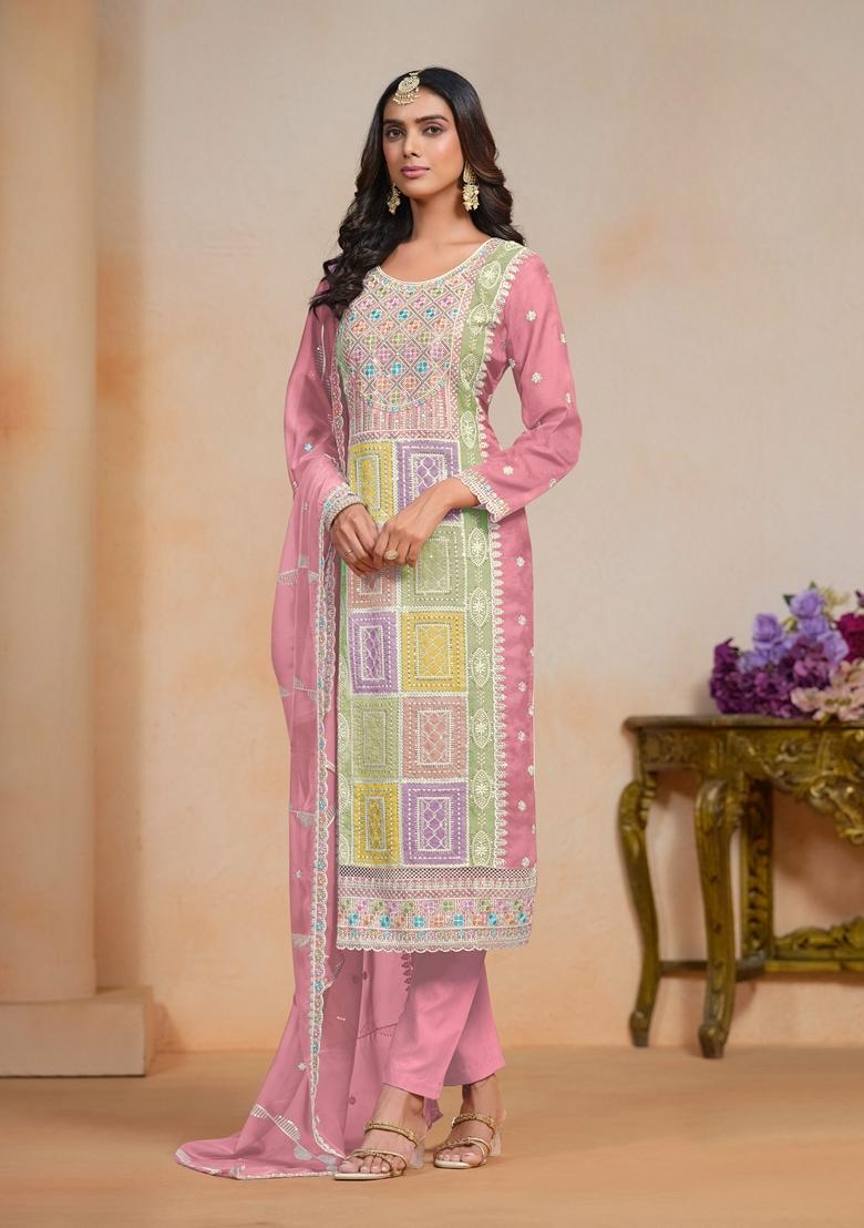Peach Embroidered Organza Kurta Set