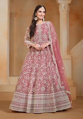 Pink Embroidered Net Anarkali Kurta Set