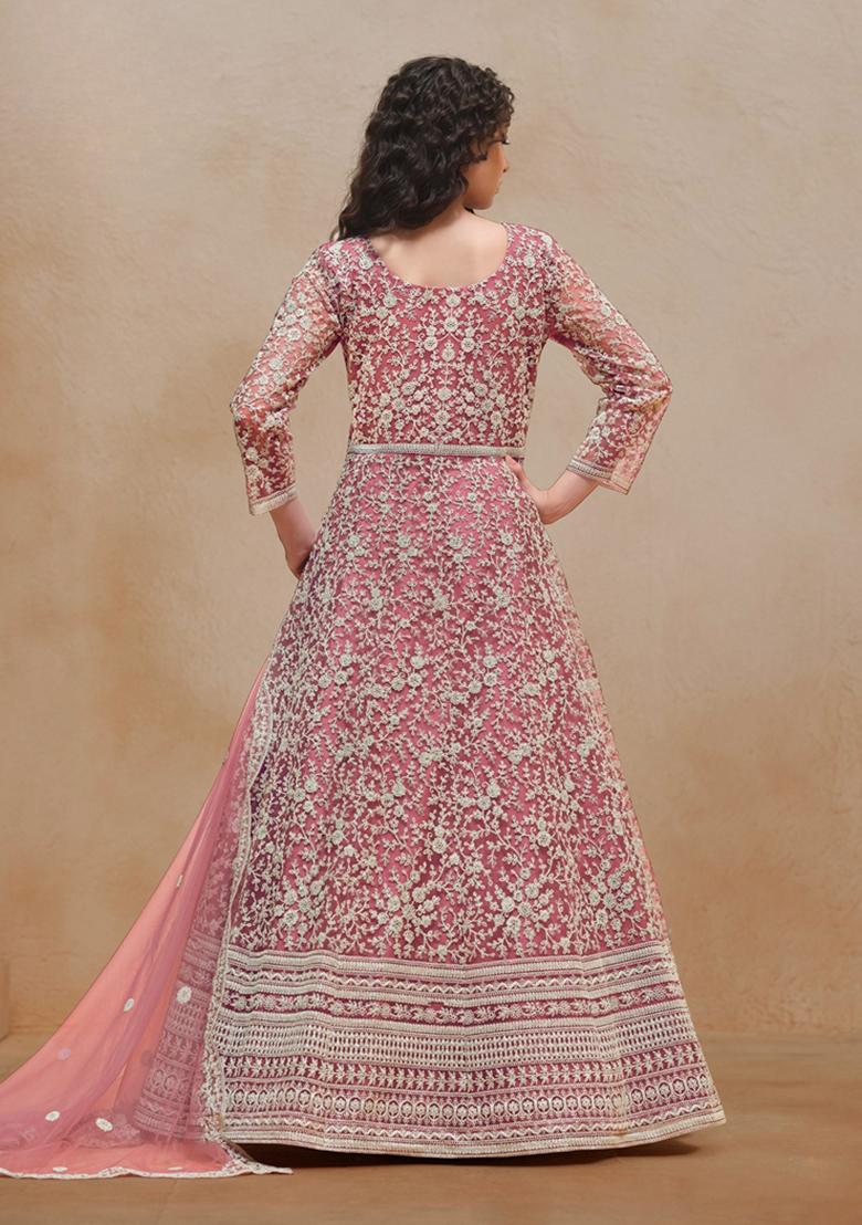 Pink Embroidered Net Anarkali Kurta Set