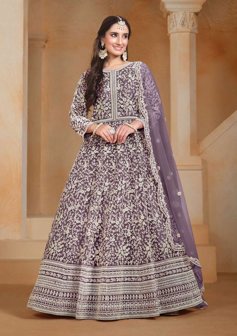 Lavender Embroidered Net Pakistani Suit Set - Indya