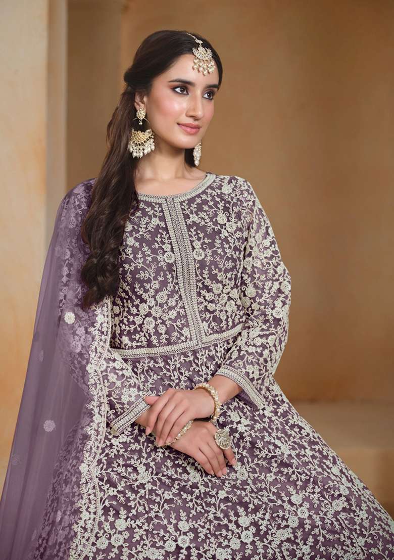 Lavender Embroidered Net Pakistani Suit Set - Indya