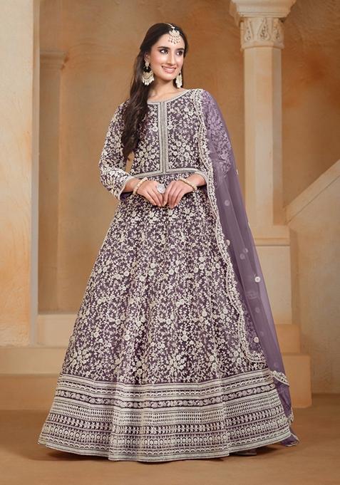 Lavender Embroidered Net Anarkali Kurta Set