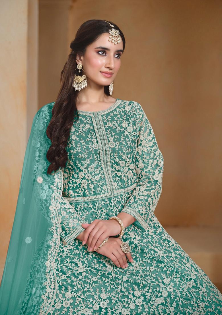 Sea Green Embroidered Net Anarkali Kurta Set