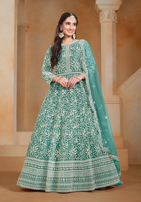 Sea Green Embroidered Net Anarkali Kurta Set