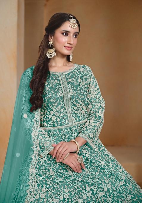 Sea Green Embroidered Net Anarkali Kurta Set