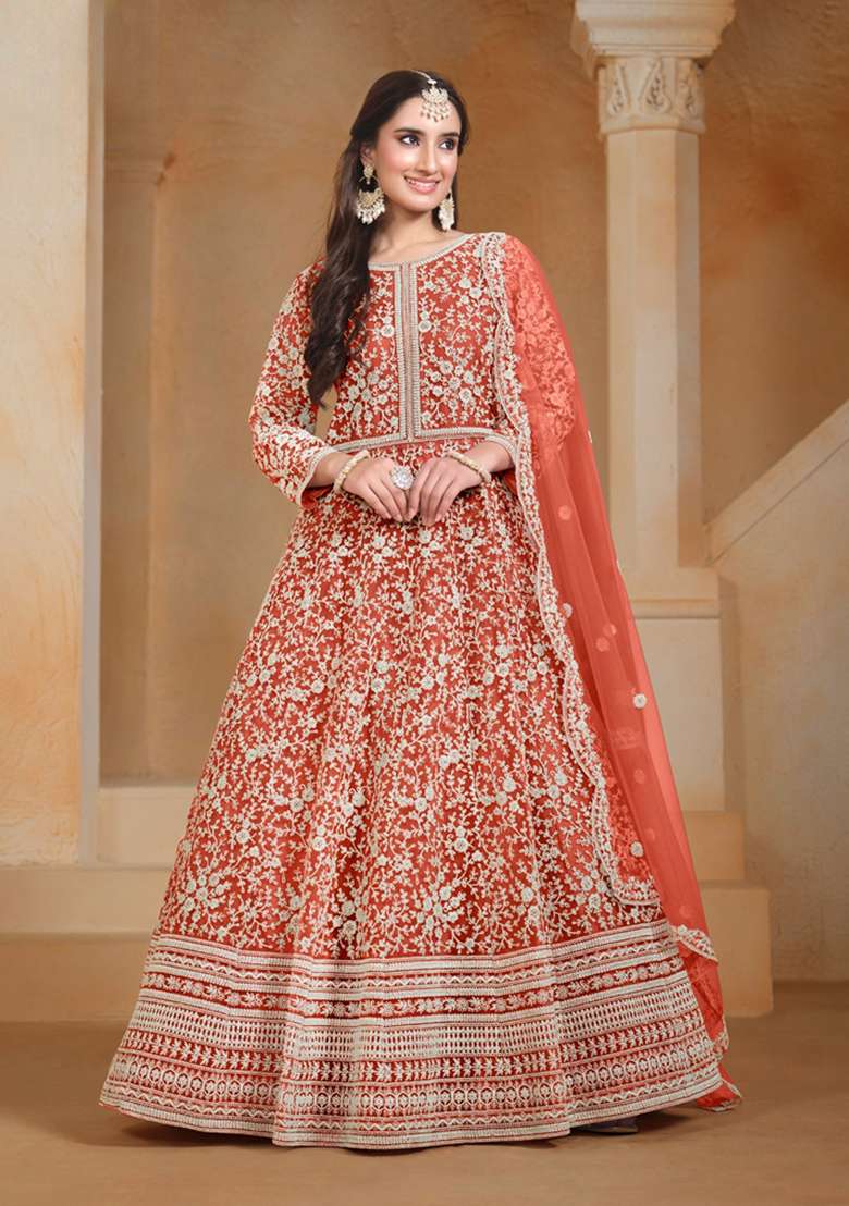 Orange Embroidered Net Pakistani Suit Set - Indya
