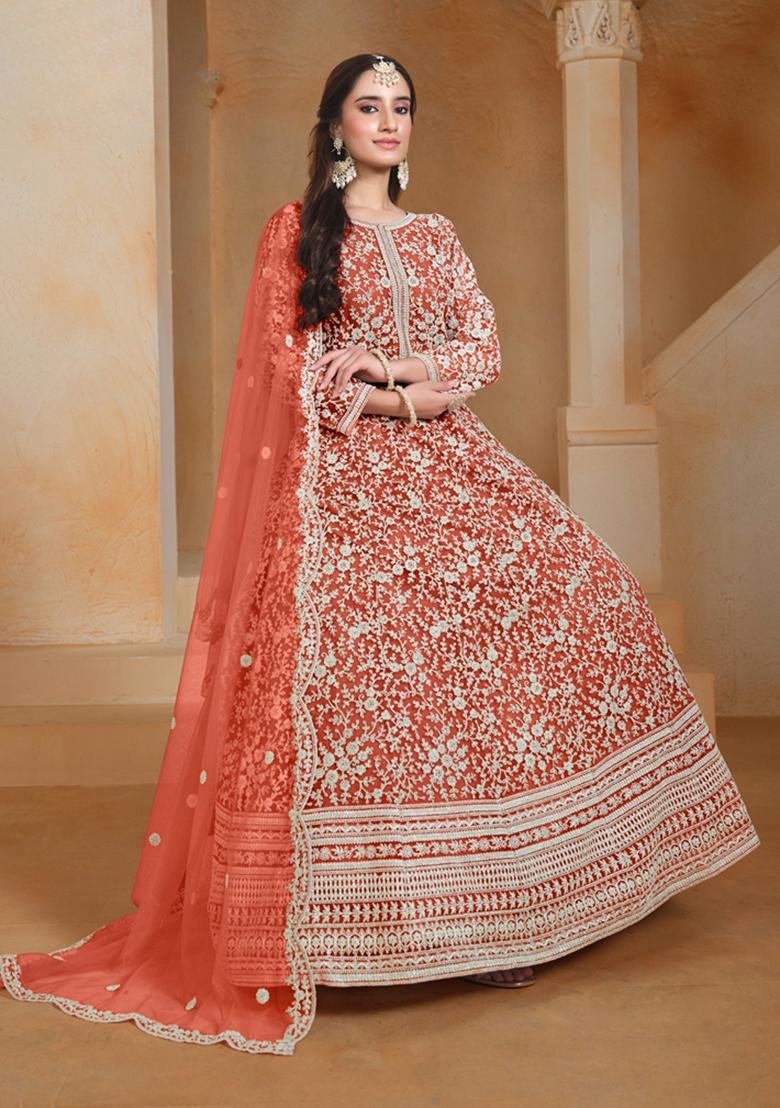 Orange Embroidered Net Anarkali Kurta Set