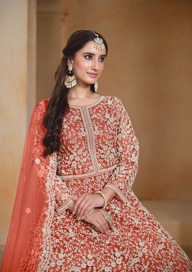 Orange Embroidered Net Pakistani Suit Set - Indya