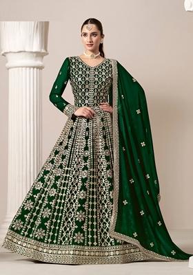 Green Embroidered Faux Georgette Anarkali Kurta Set