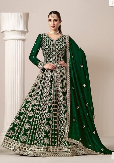 Green Embroidered Faux Georgette Anarkali Kurta Set