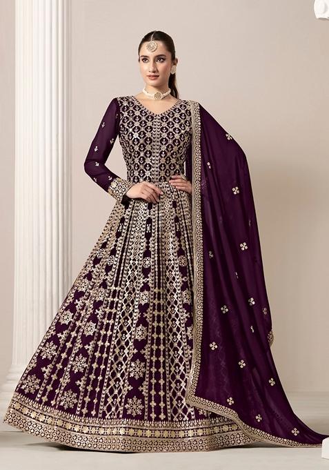 Purple Embroidered Faux Georgette Anarkali Kurta Set
