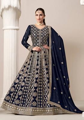 Navy Blue Embroidered Faux Georgette Anarkali Kurta Set