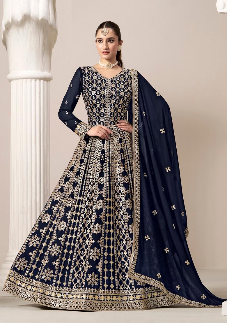 Navy Blue Embroidered Faux Georgette Anarkali Kurta Set