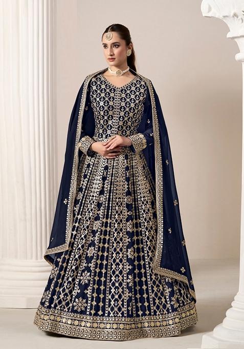 Navy Blue Embroidered Faux Georgette Anarkali Kurta Set