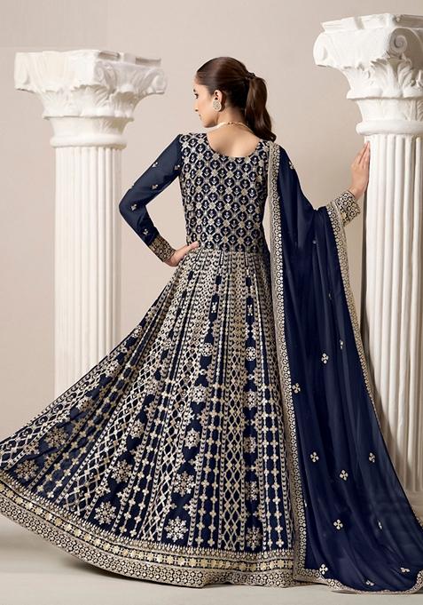 Navy Blue Embroidered Faux Georgette Anarkali Kurta Set