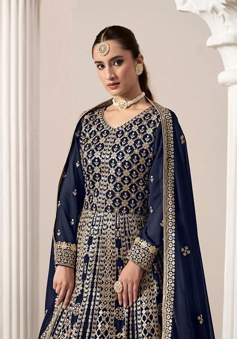 Navy Blue Embroidered Faux Georgette Anarkali Kurta Set