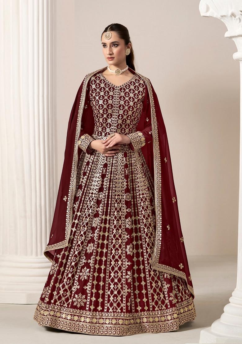 Maroon Embroidered Faux Georgette Anarkali Kurta Set