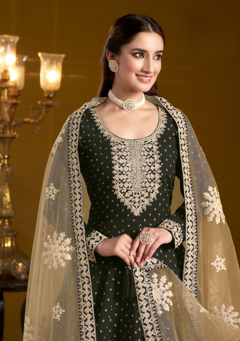 Black Embroidered Chanderi Pakistani Suit Set - Indya