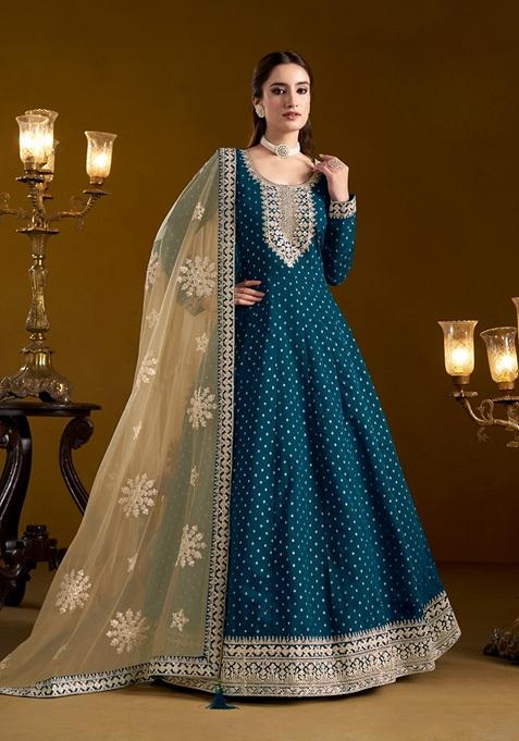 Teal Embroidered Chanderi Anarkali Kurta Set
