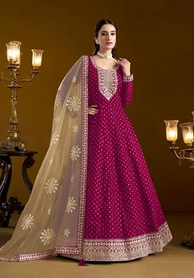 Rani Pink Embroidered Chanderi Anarkali Kurta Set