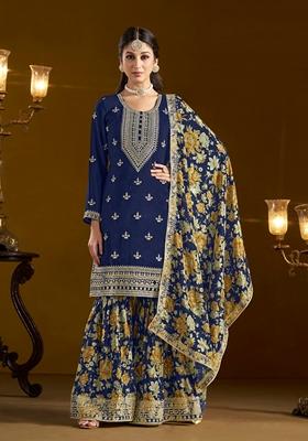 Navy Blue Embroidered Silk Kurta Set
