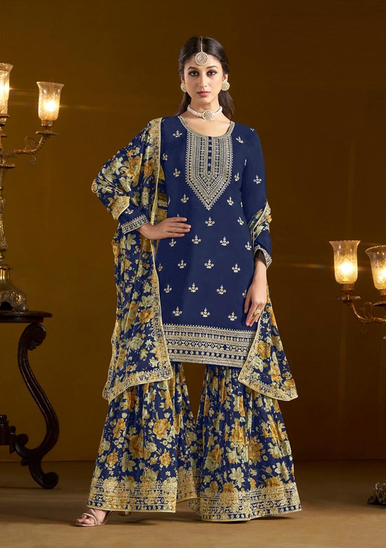 Navy Blue Embroidered Silk Kurta Set