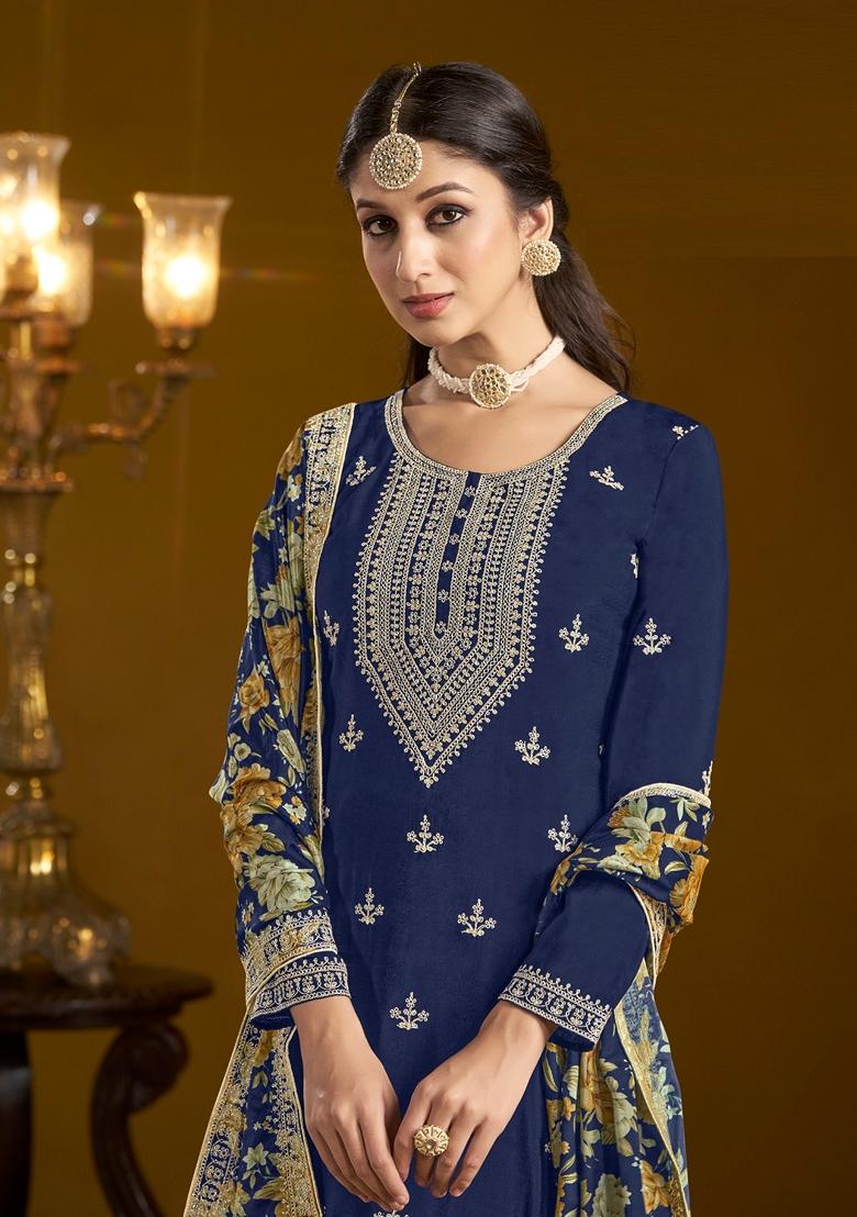 Navy Blue Embroidered Silk Kurta Set