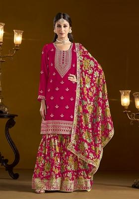 Rani Pink Embroidered Silk Kurta Set