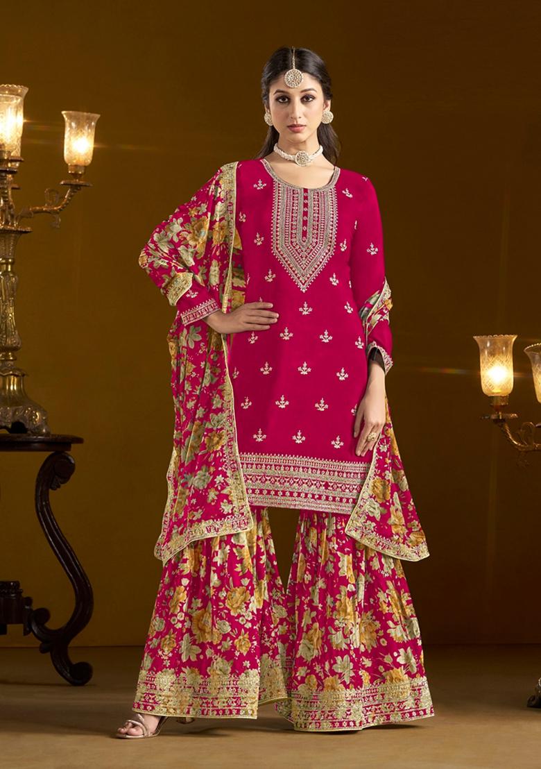 Rani Pink Embroidered Silk Kurta Set