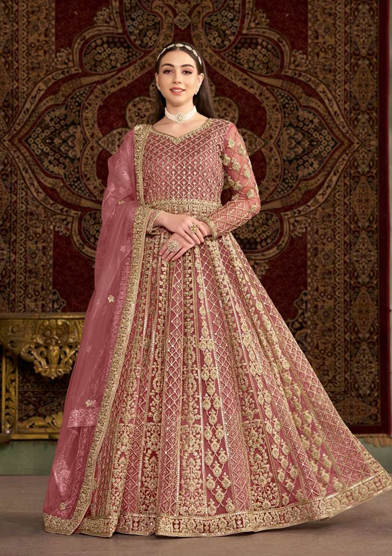 Peach Embroidered Net Pakistani Suit Set - Indya
