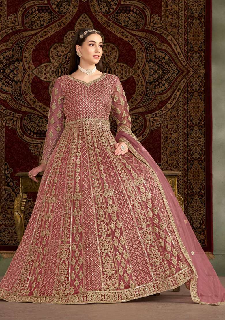 Peach Embroidered Net Pakistani Suit Set - Indya