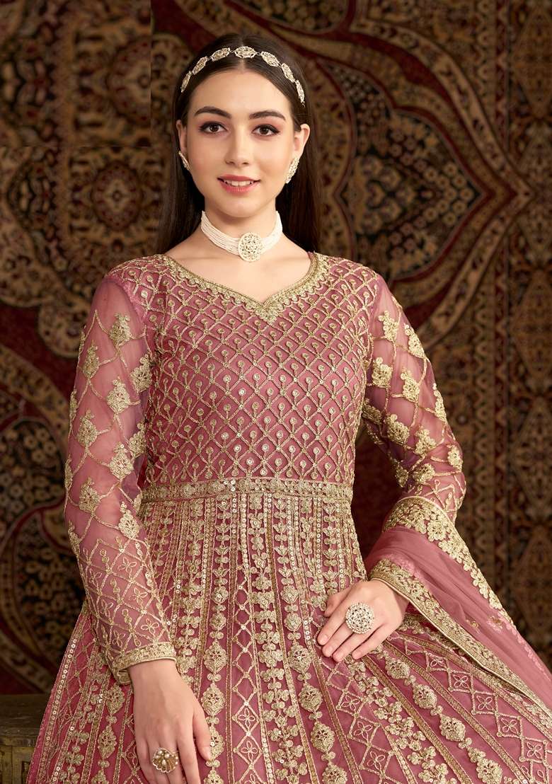 Peach Embroidered Net Pakistani Suit Set - Indya