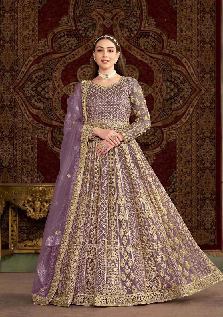 Purple Embroidered Net Pakistani Suit Set - Indya