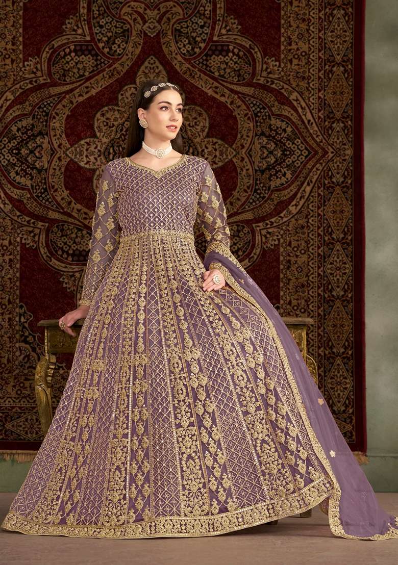 Purple Embroidered Net Pakistani Suit Set - Indya