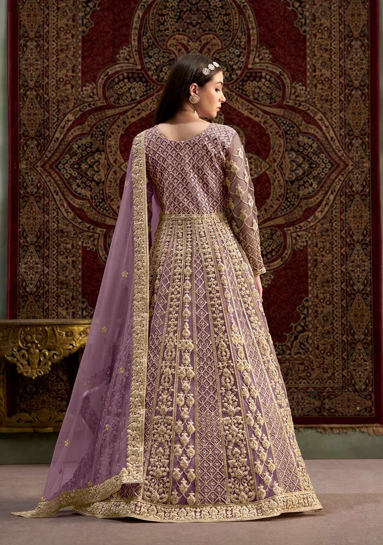 Purple Embroidered Net Pakistani Suit Set - Indya
