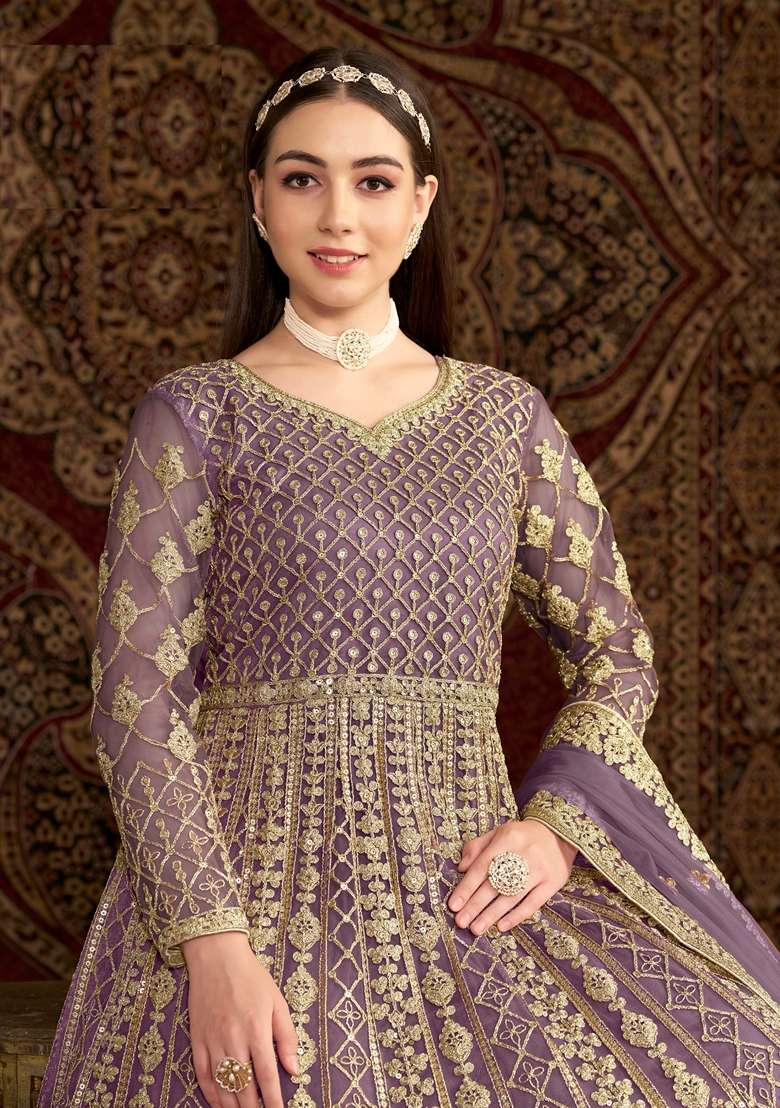 Purple Embroidered Net Pakistani Suit Set - Indya
