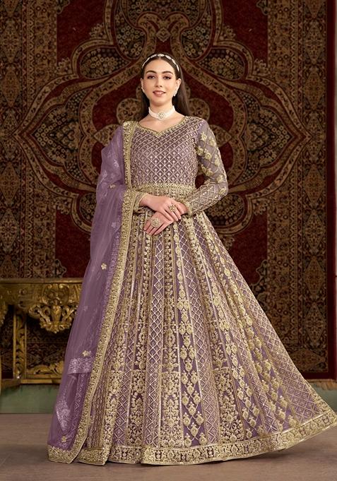 Purple Embroidered Net Anarkali Kurta Set