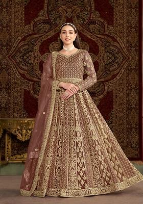 Coffee Brown Embroidered Net Anarkali Kurta Set