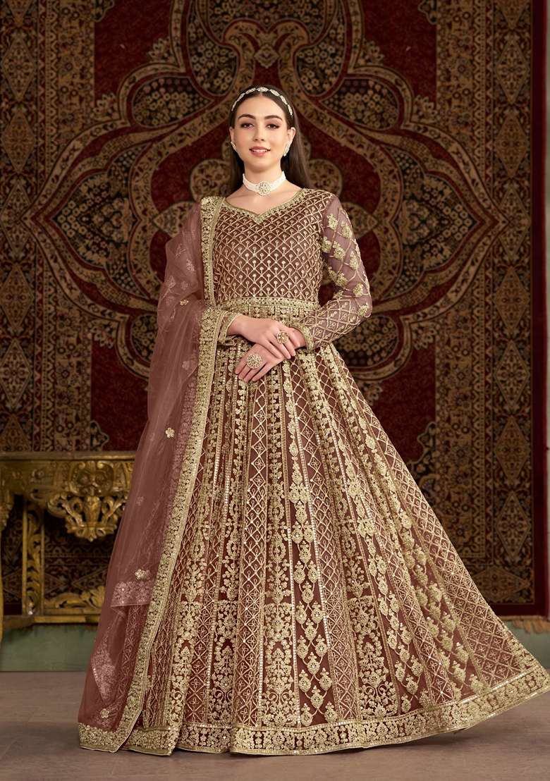 Coffee Brown Embroidered Net Anarkali Set - Indya