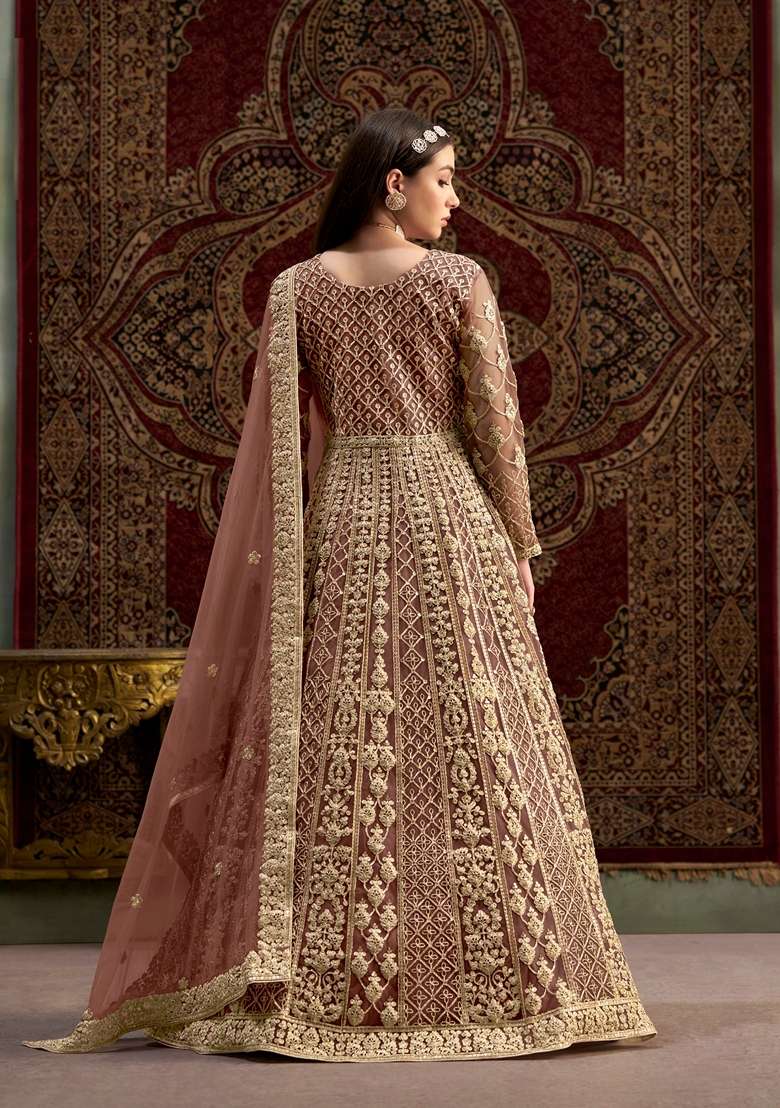 Coffee Brown Embroidered Net Anarkali Set - Indya