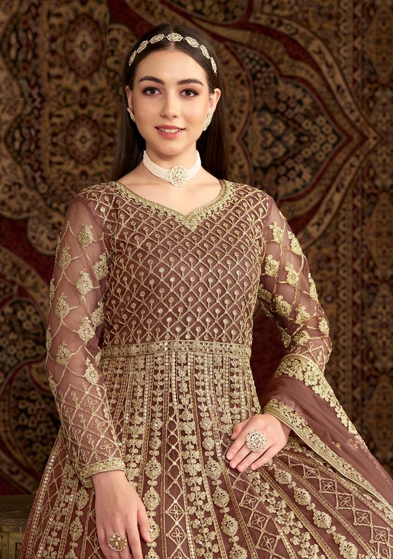 Coffee Brown Embroidered Net Anarkali Kurta Set