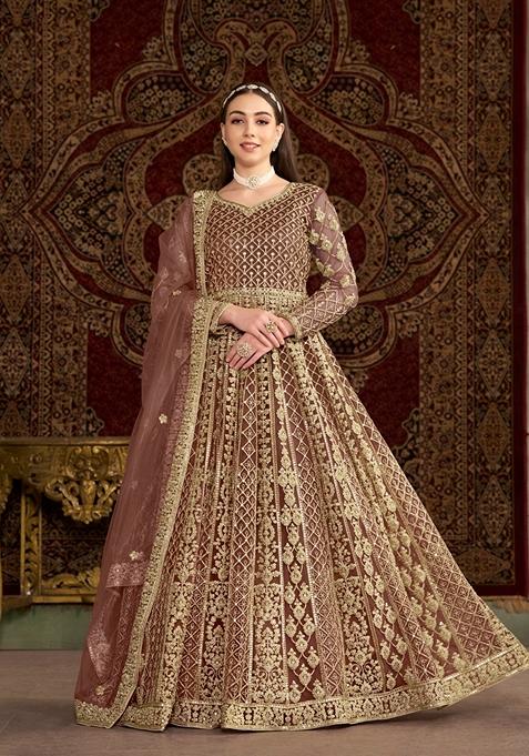 Coffee Brown Embroidered Net Anarkali Kurta Set