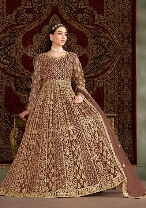 Brown - Lace Work Fine Tissue Zari Plain Anarkali Kurta Set 02
