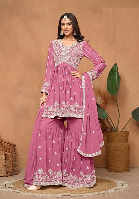 Pink Embroidered Faux Georgette Kurta Set
