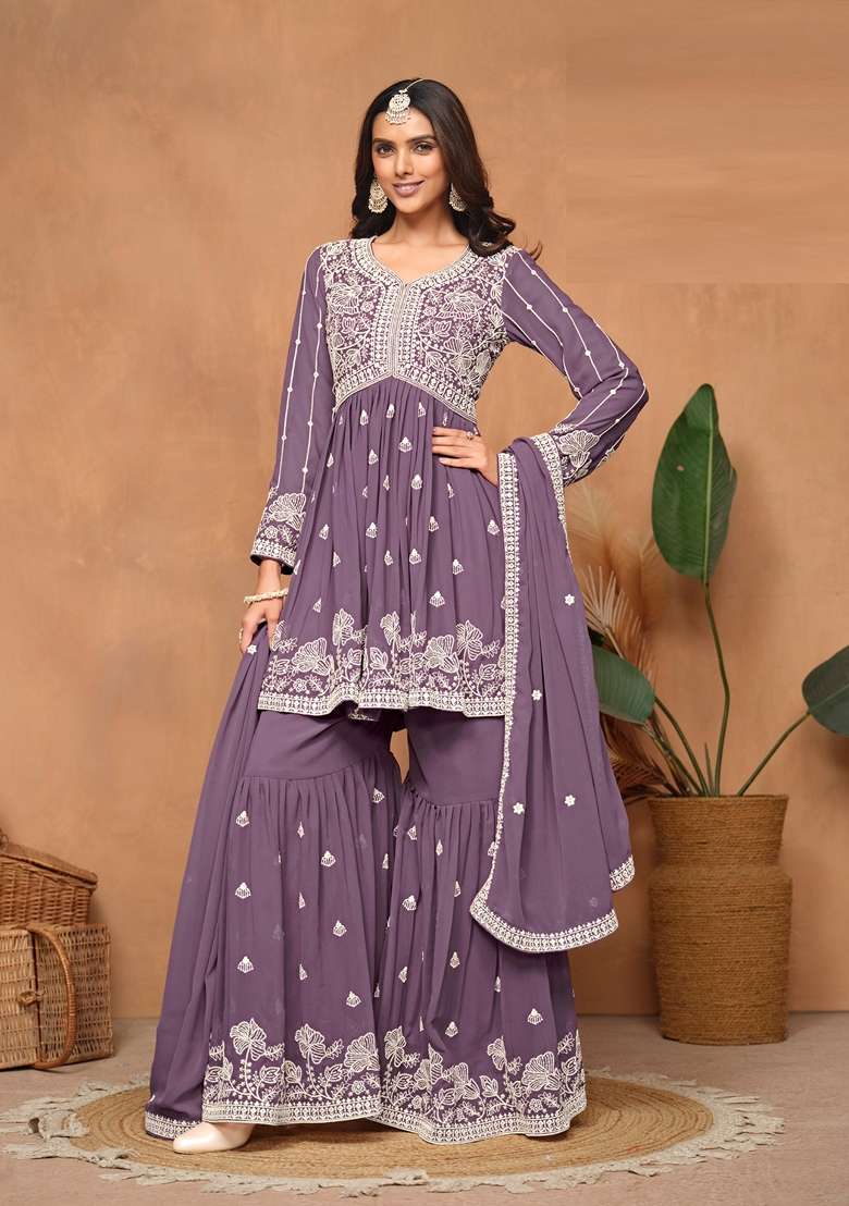 Lavender Embroidered Georgette Pakistani Suit Set - Indya
