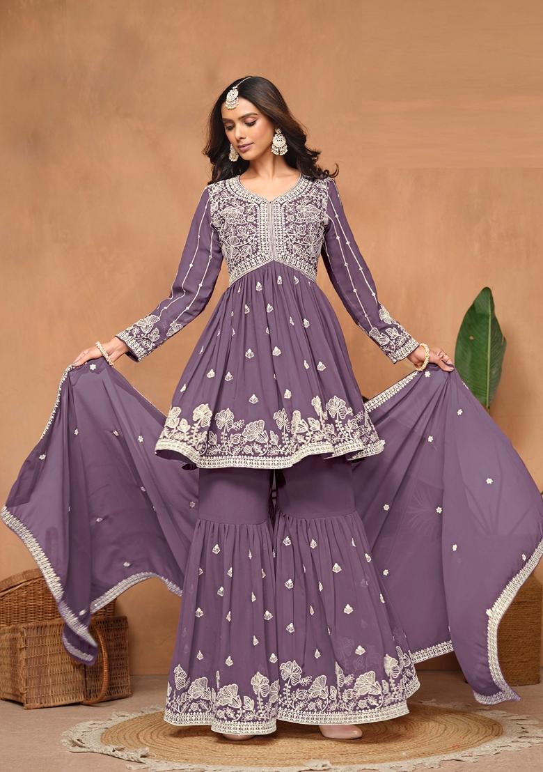 Lavender Embroidered Faux Georgette Kurta Set