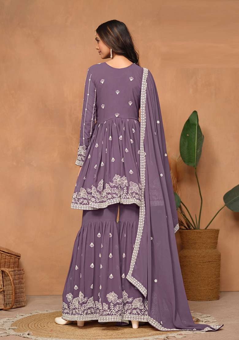 Lavender Embroidered Georgette Pakistani Suit Set - Indya