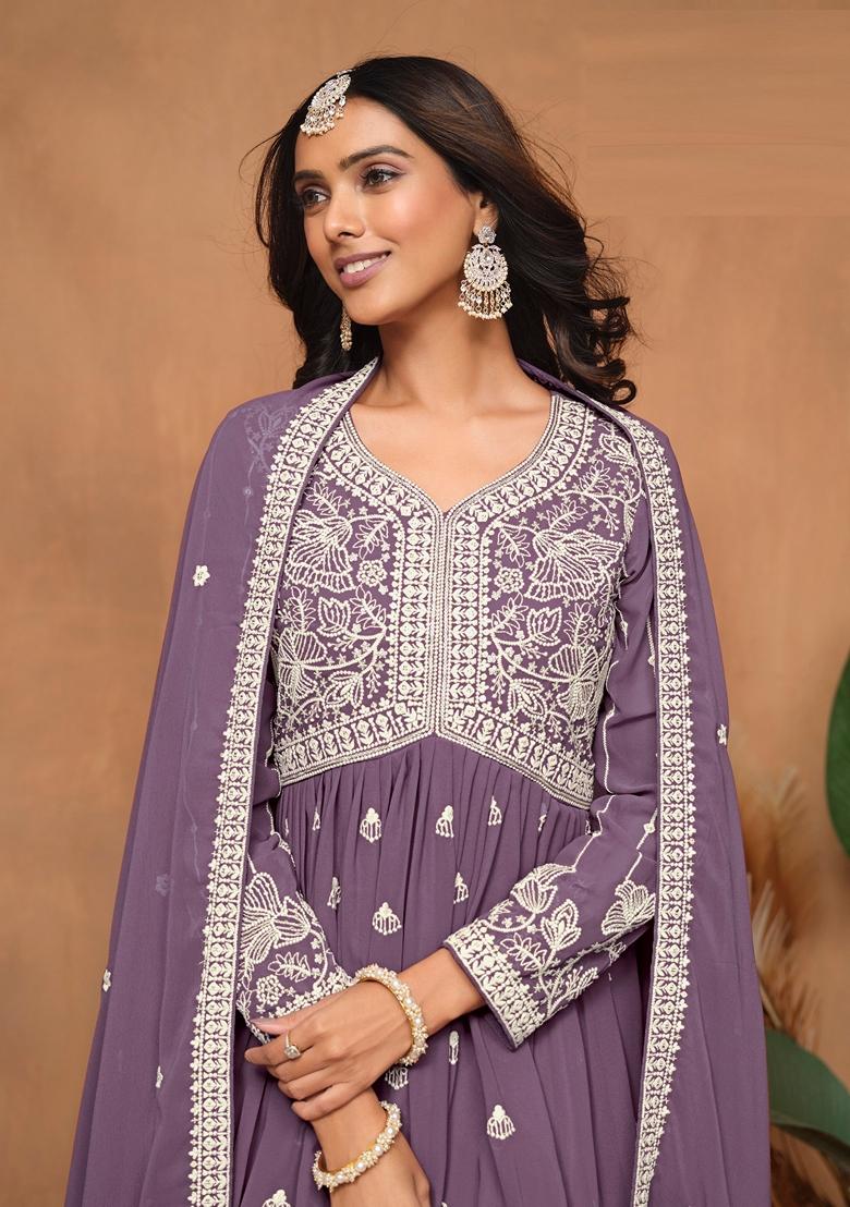 Lavender Embroidered Faux Georgette Kurta Set