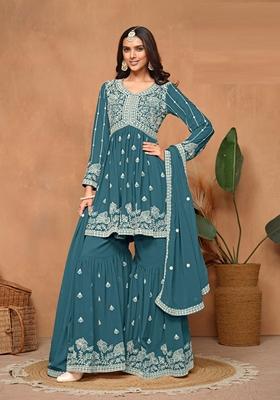 Teal Embroidered Faux Georgette Kurta Set