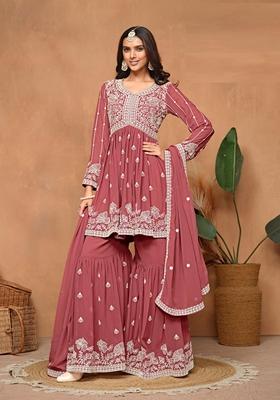 Brown Embroidered Georgette Pakistani Suit Set